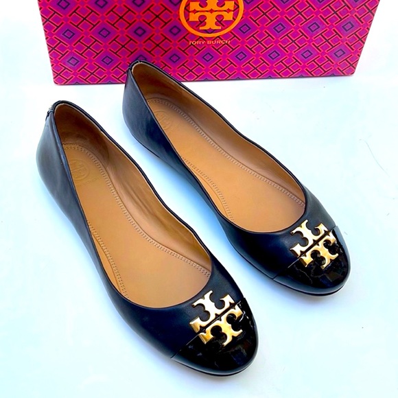 Tory Burch Shoes - Tory Burch Everly Cap Toe Leather Flats in Black & Gold NWOT